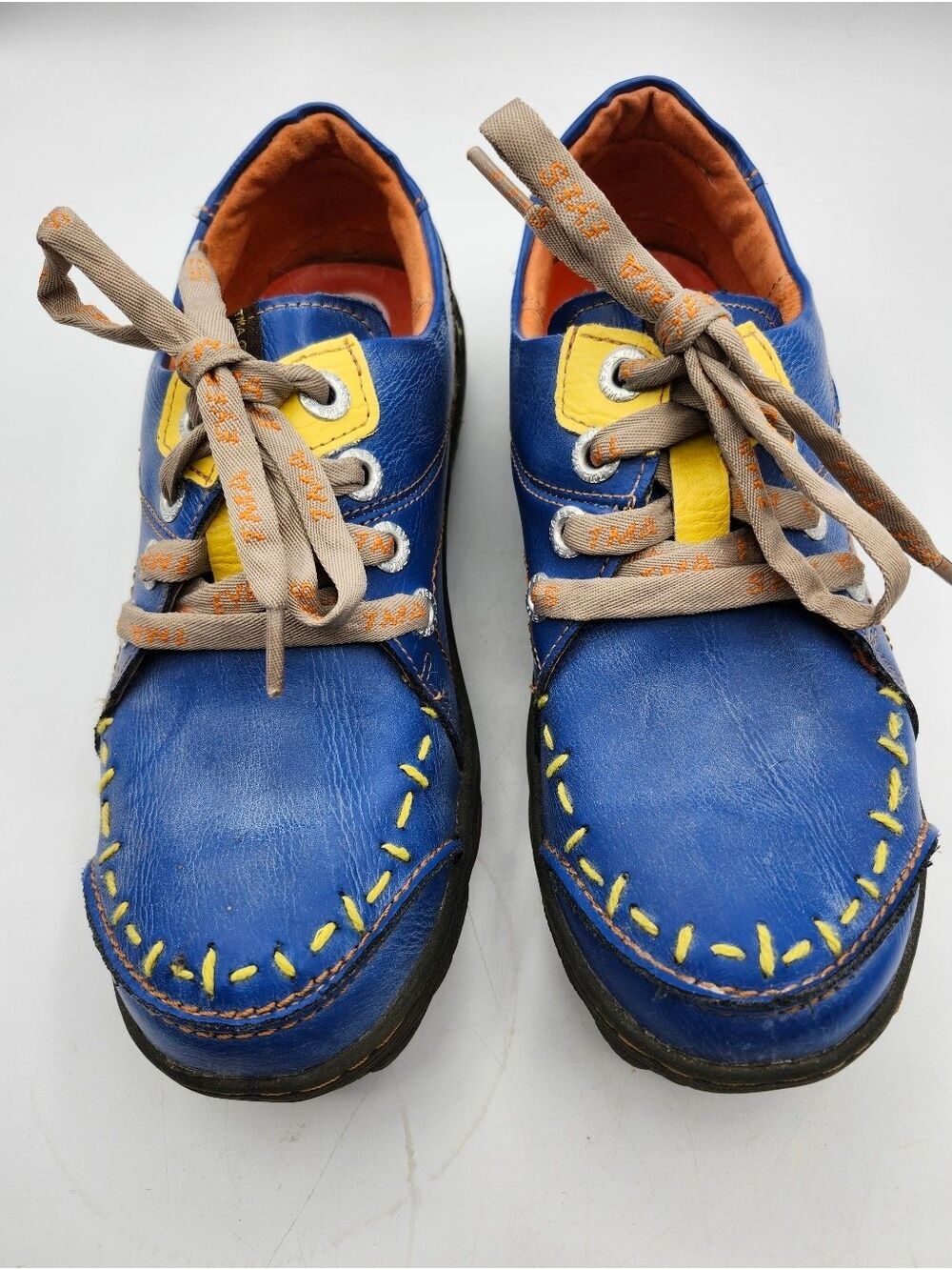 TMA EYES Blue Leather Casual Flats with Yellow Trim